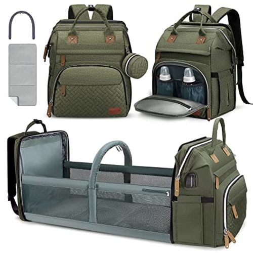 DERJUNSTAR Baby Diaper Bag Backpack with Changing Station Large Capacity Baby Bag for Boys & Girls, USB Charging Port, Pacifier Case, Sunshade & Toy Bar, Waterproof, Forest