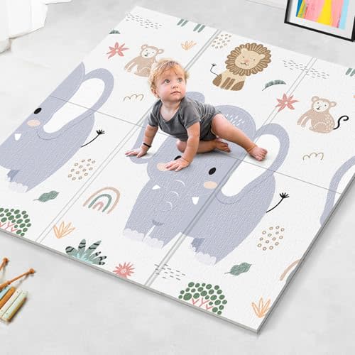 Noonkty 59x59 Foldable Foam Baby Play Mat for Floor, Babies Activity Tummy Time Playmat, Kids Non Toxic Foam Thick Play Mat for Baby, Toddlers, Waterproof & Anti-Slip Crawling Mats,Elephant,59x59x0.4