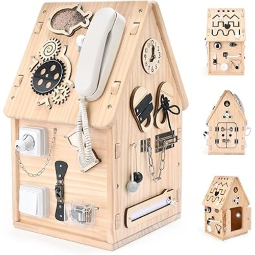 Potatomato Montessori Wooden Busy House - Busy Board Toy for Toddlers - Preschool Learning Educational Toys - Sensory Board for Fine Motor Skills, Gifts for Babys Boys & Girls