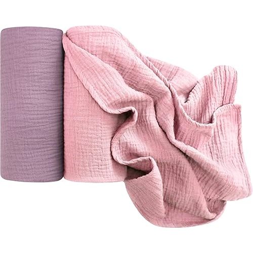 2Pack Muslin Swaddle Blankets 41" x 37" – Ultra-Soft 100% Cotton Breathable Receiving Blankets for Newborns, Boys & Girls, Multipurpose Wrap, Nursing Cover, Play Mat (Purple&Pink)