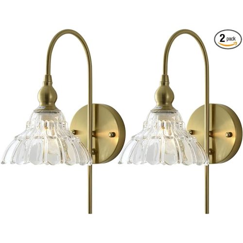 Vintage Wall Sconces with Clear Flower Glass Lampshade, Indoor Bath-Room Wall Sconce, Modern Gold Industrial Lighting Fixture for Mirror Living Room Hallway 2 Pack