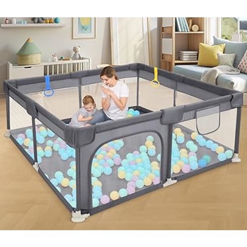 Dripex Baby Playpen, 52"×52" Play Pens for Babies and Toddlers, Safe Anti-Fall Play Yard with Gates, Baby Fence with Breathable Mesh, Indoor & Outdoor Kids Activity Center, Anchor Grey