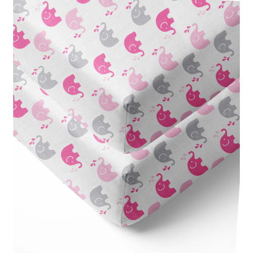 Bacati - Elephants Crib/Toddler Bed Fitted Sheets 100% Cotton Muslin 2 Pack, Pink/Gray