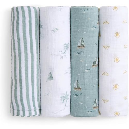 aden + anais Boutique Organic Swaddle Blanket 4-Pack – 100% Organic Cotton Muslin, Large, Soft, Breathable Receiving Blankets for Infants – Lightweight Multi-Use Baby Swaddles, Sailing Seas