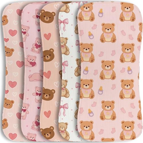 Papmiunm 5 Pack Baby Burp Cloths for Boys Girls Pink Teddy Bear Burping Cloths for Babies Muslin Burp Cloth Pink Teddy Bear and Heart Baby Burping Cloth for Newborns Set