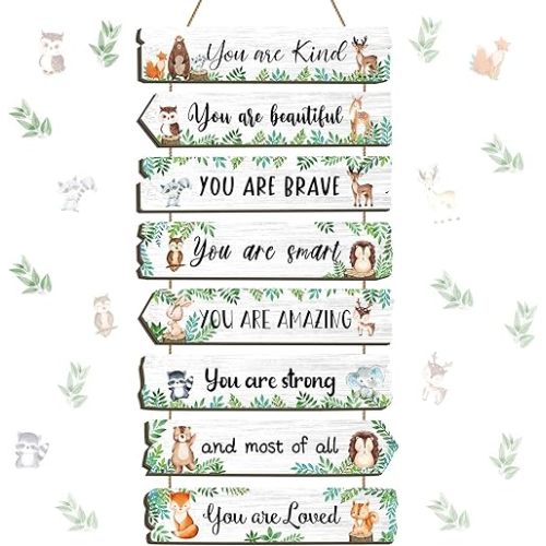 Inspirational Girl Room Decor Aesthetic Art Wall Hanging Sign Inspiring Colorful Rainbow Wooden Decoration for Kids Teens Toddler Boy Baby Bedroom Nursery Dorm Decor, 6-12 Years old (Woodland Animal)