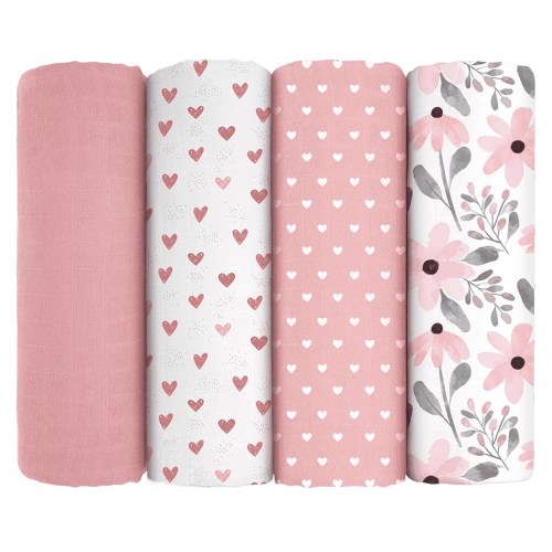 Yoofoss Muslin Swaddle Blankets, Organic Baby Blankets, 47 x 47 Inches Receiving Blanket 4-Pack for Baby Boys and Girls, Baby Essentials for Newborns Soft Breathable Pink Flower
