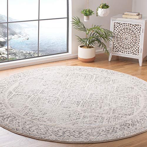 SAFAVIEH Tulum Collection Area Rug - 5' Round, Ivory & Grey, Moroccan Boho Distressed Design, Non-Shedding & Easy Care, Ideal for High Traffic Areas in Living Room, Bedroom (TUL264A)