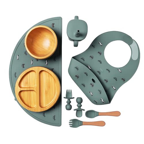 Bamboo & Silicone Baby Feeding Set 8 PCS | Baby Led Weaning Supplies Self Feeding | Divided Suction Plate Bowl Bib Sippy Cup with Straw Utensils Baby Bowls and Spoons Toddler Feeding Set (Pine Gray)