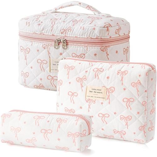 3 Pcs Cotton Quilted Makeup Bag Set, Floral Cotton Cosmetic Bag, Aesthetic Toiletry Travel Organizer Bag for Women (Big Bow)