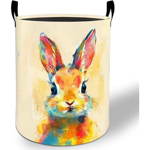 Colorful Bunny Laundry Basket Hamper 19.7"x15.8", Rabbit Foldable Waterproof Oxford Clothes Storage Bucket for Room Bathroom Bedroom Nursery Decor, Toy Organizer Bins Gifts for Kids Boys Girls