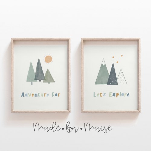 Watercolor Adventure Print Set: Mountain & Tree Nursery Decor