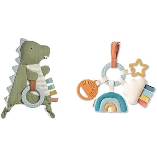Itzy Ritzy - Bitzy Crinkle Sensory Dinosaur with Crinkle Sound for Babies & Toddlers - Teething Activity Toy with Bitzy Busy Features, Braided Ring and Dangling Toys