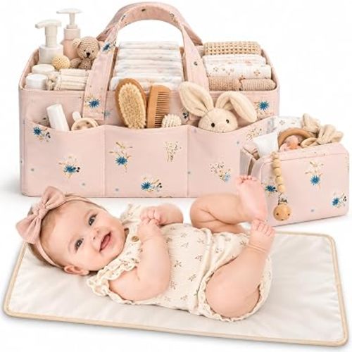 PeraBella Baby Diaper Caddy Organizer 3 Pcs Set, Floral Baby Basket Shower Gift, Nursery Organizer Basket for Newborn Boy Girl Essential Items, Changing Table Organizer Caddy for Baby Stuff, Car Caddy