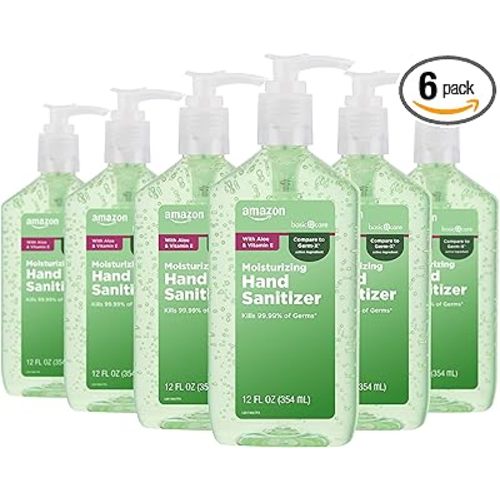 Amazon Basic Care Hand Sanitizer with Aloe Vera, 62% Ethyl Alcohol, Vitamin E Enriched, 12 fl oz, Pack of 6