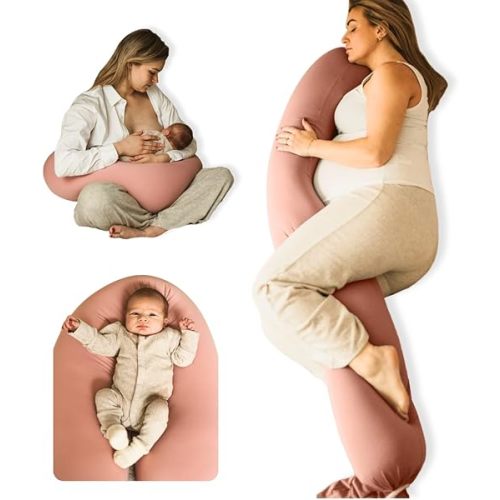 Pregnancy Pillow 5-in-1 【Cooling Cover, Adjustable Firmness】 Patented Lock Design, Turn into O-Shape Nursing Pillow, 5-Point Full Body Support, Maternity Pillow with Travel Bag - Pink