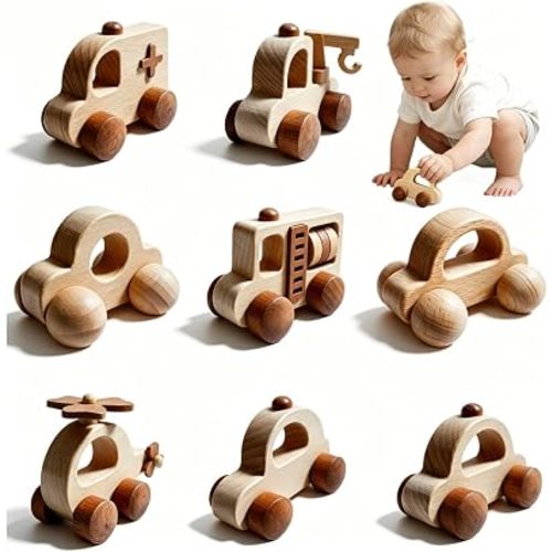 8PCS Wooden Baby Toy Cars Set, Natural Beech Wood Mini Push Car Vehicles, Montessori Teething Toy for Toddlers Infant