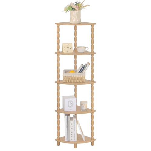 MaxSmeo Corner Bookshelf, 5-Tier Corner Shelf Stand, Modern Corner Plant Shelves with Storage, for Bedroom, Bathroom, Kitchen, Living Room (Rustic Walnut)