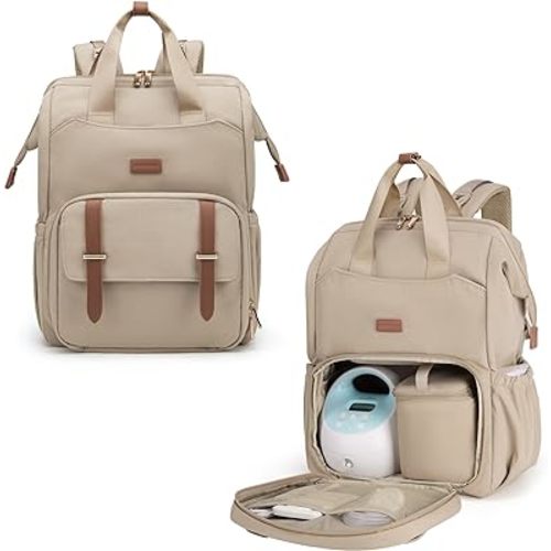 mommore Diaper Bag Backpack, Breast Pump Backpack for Spectra S1,S2 Medela Pumping Backpack for Working Moms with 15.6 inch Laptop Sleeve, Champagne