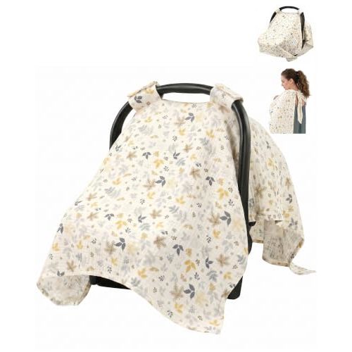 Metplus Muslin Car Seat Cover for Babies, 100% Cotton Infant Carseat Canopy | Breathable Baby Car Seat Cover for Summer, Lightweight Stroller Sunshade Covers for Newborns, Baby Shower Gift (Leaves)