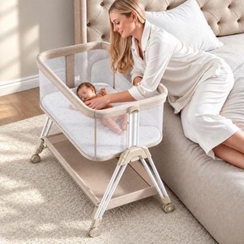 Fodoss Baby Bassinet Bedside Sleeper with Wheels & Storage Tray, Portable Crib for Newborns