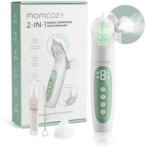 Momcozy BreezyClear Aspirateur nasal électrique 2 en 1 pour bébé avec pulvérisation, aspiration de qualité hospitalière 65 kPa, 4 niveaux, ventouse nasale à faible bruit pour bébé avec lumière et