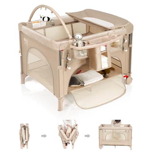 4 in 1 Baby Bassinet Bedside Crib with One-Hand Setup & Waterproof Mattress – ASTM-Certified Pack and Play, Portable Foldable Playard with Diaper Changer for Newborn to Toddler(Khaki)