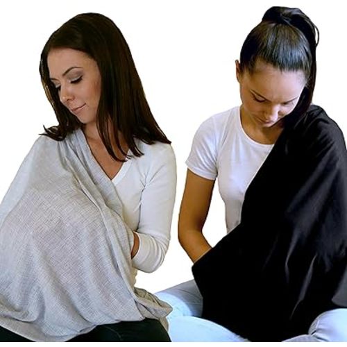 2pk Nursing Cover Breastfeeding Privacy Cover-up Infinity Scarf Shawl Soft Breathable (Black, Heathered Grey)