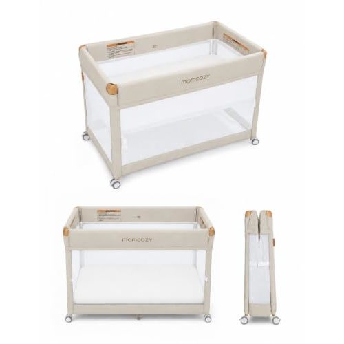 Momcozy 4-in-1 Baby Playard with Bassinet, Quick Fold Pack and Play | Includes Mattress, 2-Level Height Adjustment, Locking Wheels & Solid Base for Stable, Portable Use from Newborn to Toddler