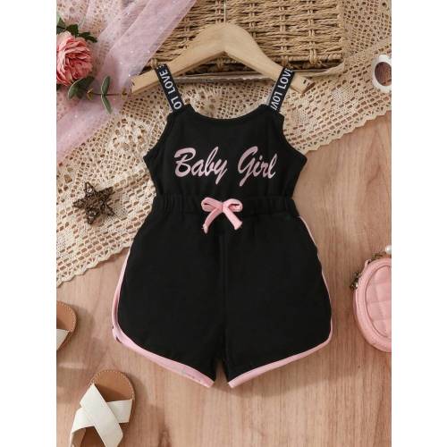SHEIN Baby Girls' Casual Sports Everyday Basic Simple Fun Letter Print Cami Romper, Suitable For Spring And Summer Outings | SHEIN USA
