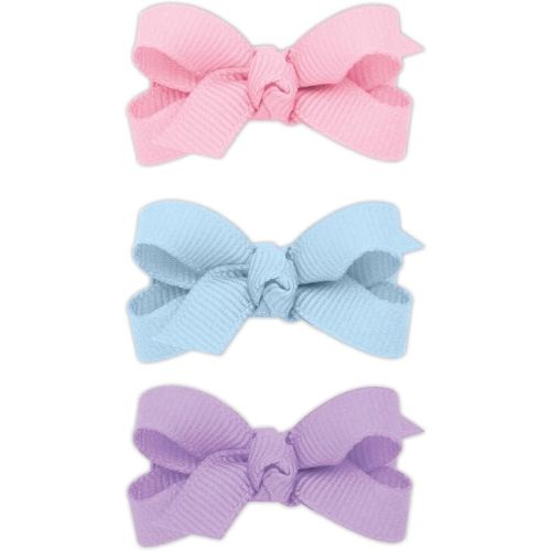 Wee Ones Girls' MULTIPACK Three Baby Grosgrain Bows with Knot Wrap Centers on WeeStay Hair Clips, White, Light Pink, Hot Pink