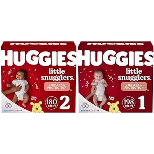 Baby Diapers Size 1, 198 Ct & Diapers Size 2, 180 Ct, Huggies Little Snugglers