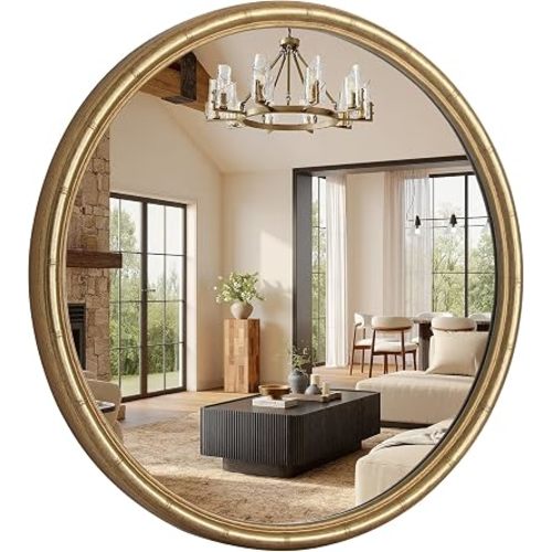 24 Inch Gold Round Wall Mirror, Circle Mirror with Bamboo Texture, Decorative Vanity Mirror for Bathroom, Entryway, Living Room, Bedroom