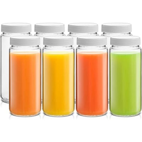 JoyJolt 16 oz Reusable Glass Bottles with Caps. Set of 8 Juicing Bottles With Lids and Juice Jars Labels. Glasses for Cold Brew, Smoothie