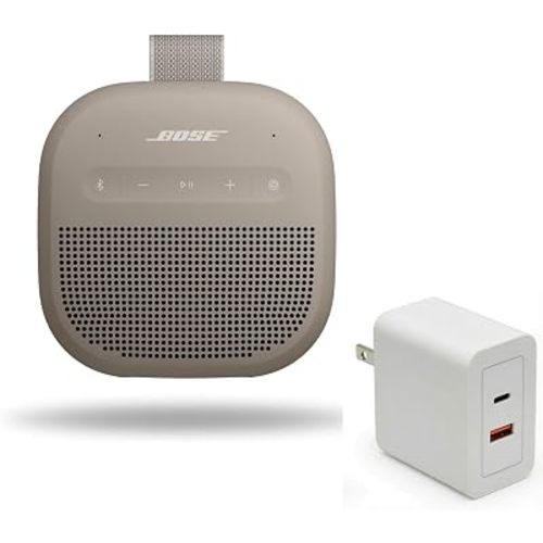 Bose SoundLink Micro Portable Bluetooth Speaker (2nd Gen) Bundle with Fast Charger, Wireless Outdoor Speaker, Up to 12 Hours Battery Life, Waterproof and Dustproof, (Sandstone)