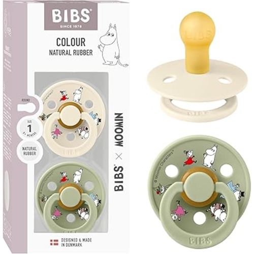 BIBS Colour Moomins Pacifier 2-Pack, BPA Free Pacifier, Round Nipple. Natural Rubber Latex, Made in Denmark, Size 1 (0-6 Months), Ivory/Sage