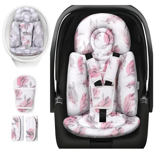 Upgraded Infant Car Seat Insert, 2-in-1 Reversible Baby Car Seat Head Support with 3 Strap Covers, All Seasons Newborn Car Seat Insert and Carseat Cushion for Stroller, Swing, Bassinets(Pink+Grey)