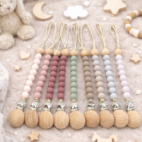 Silicone Bead Dummy Clip – Food Grade Baby Dummy Chain with Wooden Cli – Hush Little Babe