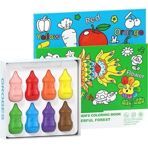 3-in-1 Crayons Themed Set,8 Colors Baby Crayons for Toddlers 1-3, with Two A4 thickened coloring books(FRUITS VEGETABLES+WONDERFUL FOREST), 200+ Elements to Discover & Color