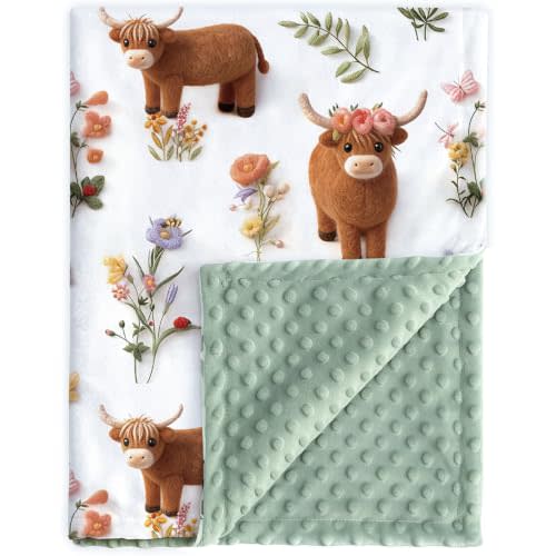 HOMRITAR HighlandCow Baby Blanket for Unisex Boys Girls Dotted Backing | 3D Printing, Double Layer Soft Minky Bed Throw Blanket Farm Flower for Infant Toddler Shower Gift Nursery Crib 30 x 40 Inch