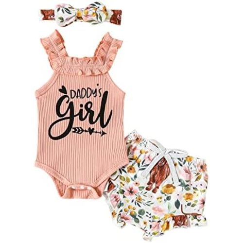 Sejardin Newborn Baby Girl Summer Clothes Letter Print Ruffle Sleeveless Ribbed Romper and Floral Shorts Infant Outfit