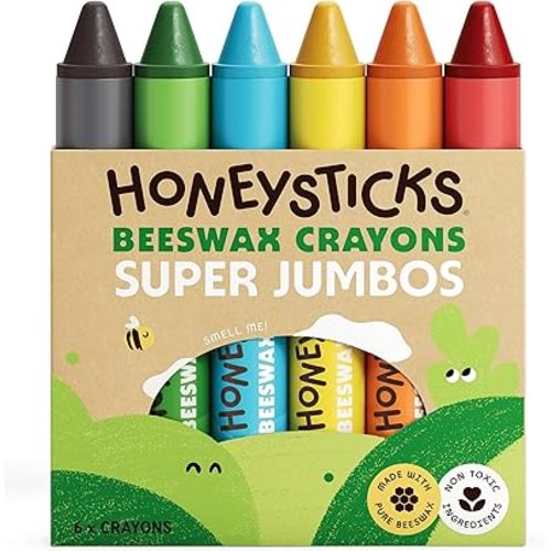 Honeysticks Super Jumbo Crayons (6 Pack) - 100% Pure Beeswax, Non Toxic Crayons for Toddlers 1-3, Extra Large Crayon Size, Easy to Hold and Use, Unbreakable Toddler Crayons, Eco-Friendly