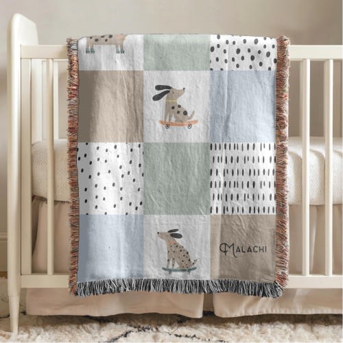 Custom Baby Blanket, Woven Personalized Baby Name, Dog Animal Blanket, Shower Gift, Newborn Quilt, Keepsake Heirloom for New Girl Boy