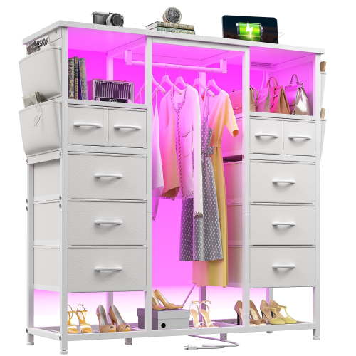 Enhomee White 10 Drawers Dresser for Bedroom with Hanging Rack Storage Cabinet with Led Lights & Charging Station