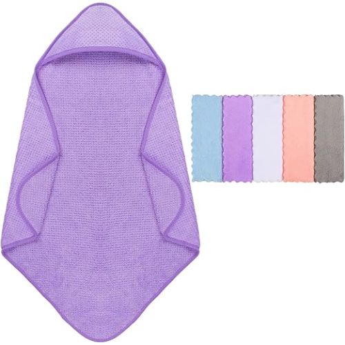 Orighty Baby Hooded Towel with Five Washcloths, 28 x 28 Inch Super Soft Bath Towel with Hood for Babies, Infant, Newborn Essential - Ideal Baby Stuff Registry for Boys and Girls (Purple)