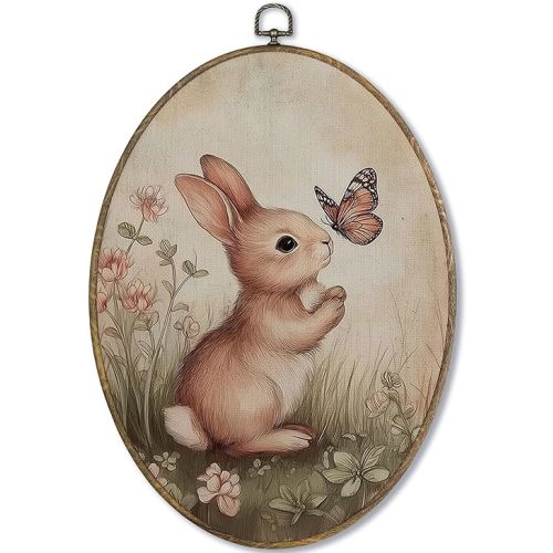 Fewgb Vintage Bunny Oval Wall Art Decor Framed for Rabbit Lovers Gifts, Easter Bunny Canvas Wall Art Prints Picture, Cottagecore Country Hanging Room Decor Artwork for Nursery Gallery Bedroom 9x12
