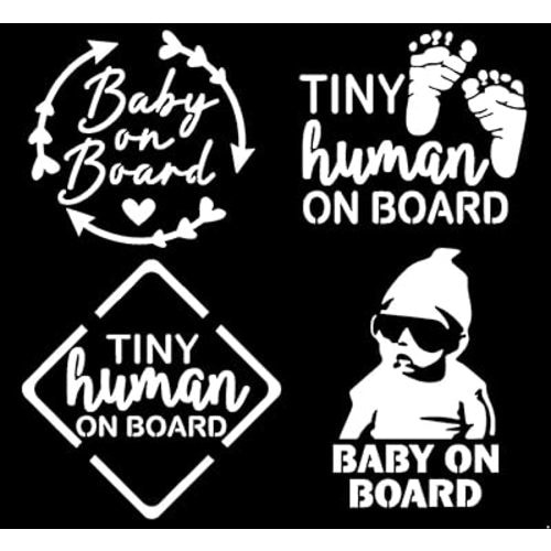 Baby On Board Decal 4 Pack: Baby On Board Heart Arrows, Tiny Human On Board Sign, Baby Foot Prints, Baby On Board Sunglasses Decals (White, Small ~3.5"")