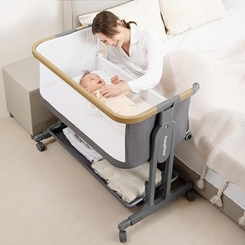 Maydolly Baby Bassinet Bedside Sleeper, 3-in-1 Bedside Crib, Portable Bassinet with Mattress & Breathable Mesh, 7 Height Adjustable Baby Bed, Newborn Infant Cribs (Grey)