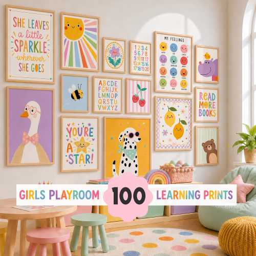 Girls Playroom Wall Art Set of 100, Educational Learning Posters, Girls Nursery Decor, Printable Kids Room Prints, Alphabet Numbers Art