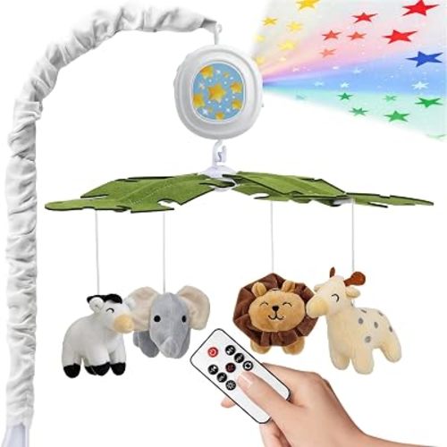 Baby Crib Mobile with Rotating Frame, Music Star Projection Night Light & Remote Control, 4 Plush Animal Hanging Ornaments, Baby Mobile for Crib Toys, Nursery Newborn Infant Boys Girls Gift Toys